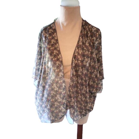 Kimono BEACH COVERUP Top ONE SIZE Moss Green Daisies Sheer Boho Coastal Beachy - Picture 7 of 8